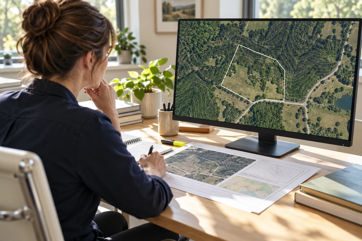 A parcel map being reviewed on a computer with supporting map sheets