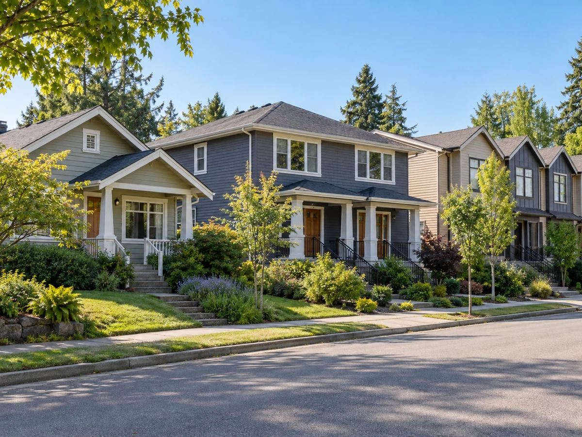 Illustrative neighborhood street with detached homes, a duplex, and townhomes